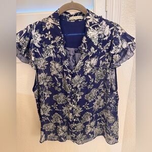 Alice + Olivia Navy and White Floral Sheer Short Sleeve Blouse